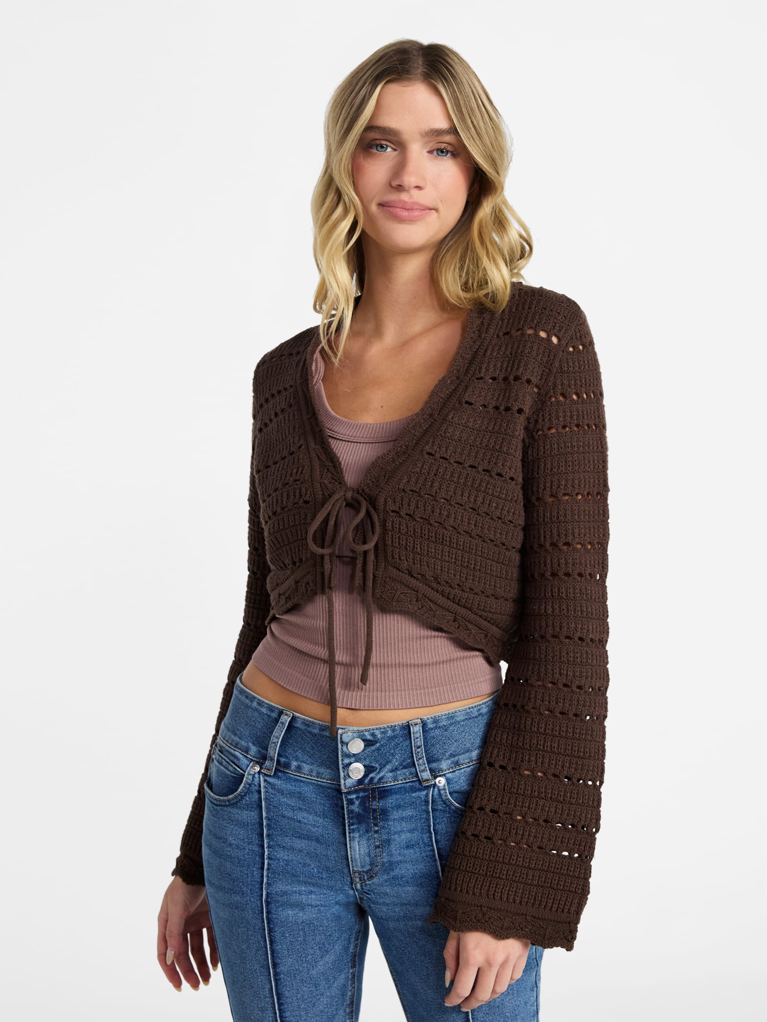 No Boundaries Tie Front Pointelle Cardigan, Women’s Sizes XXS-XXL