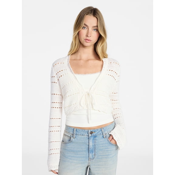 No Boundaries Tie Front Pointelle Cardigan, Women’s Sizes XXS-XXL
