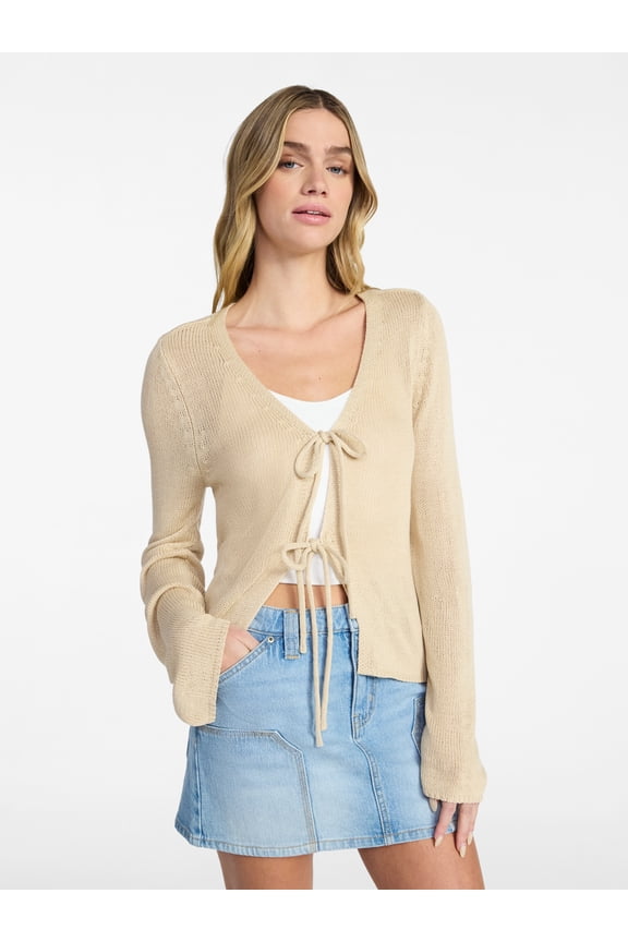 Tie Front V-Neck Cardigan with Bell Sleeves, Women's & Women's Plus XXS-4X