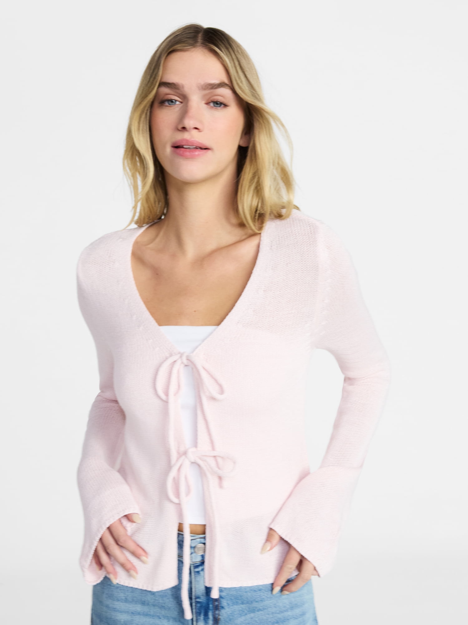 No Boundaries Tie Front V-Neck Cardigan with Bell Sleeves, Women's & Women's Plus XXS-4X