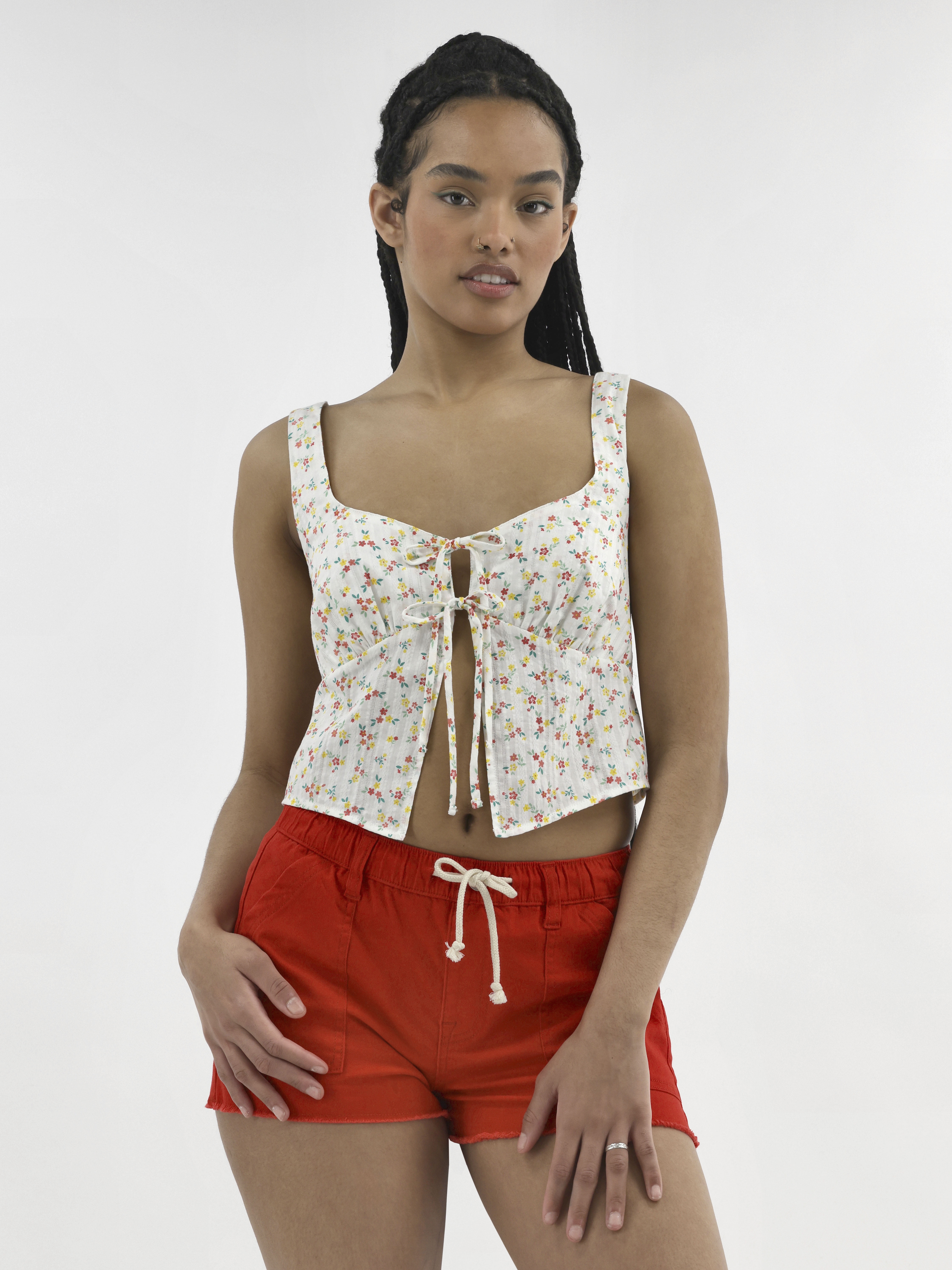 No Boundaries Tie-Front Woven Cotton Top, Women's