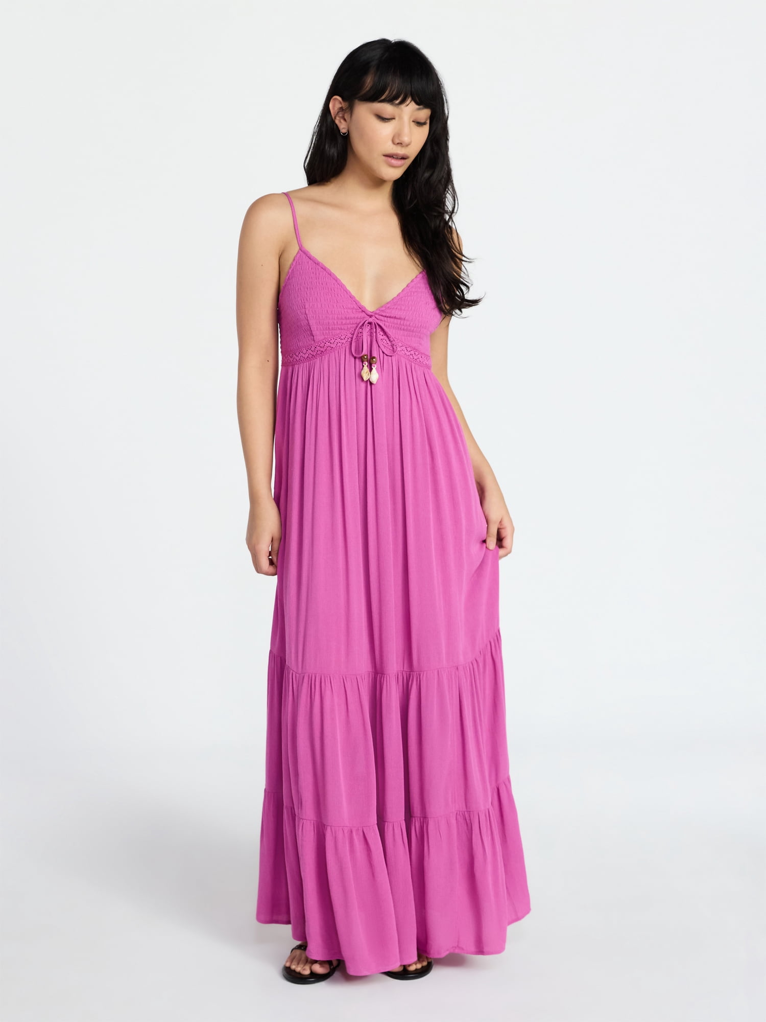 No Boundaries Crochet Lace Trim Tiered Maxi Dress, Women's XXS-XXL