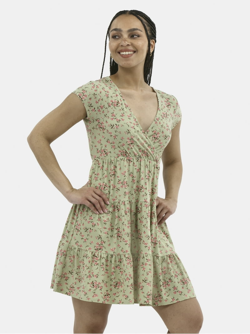 No Boundaries Tiered Surplice Dress with Cap Sleeves, Women's