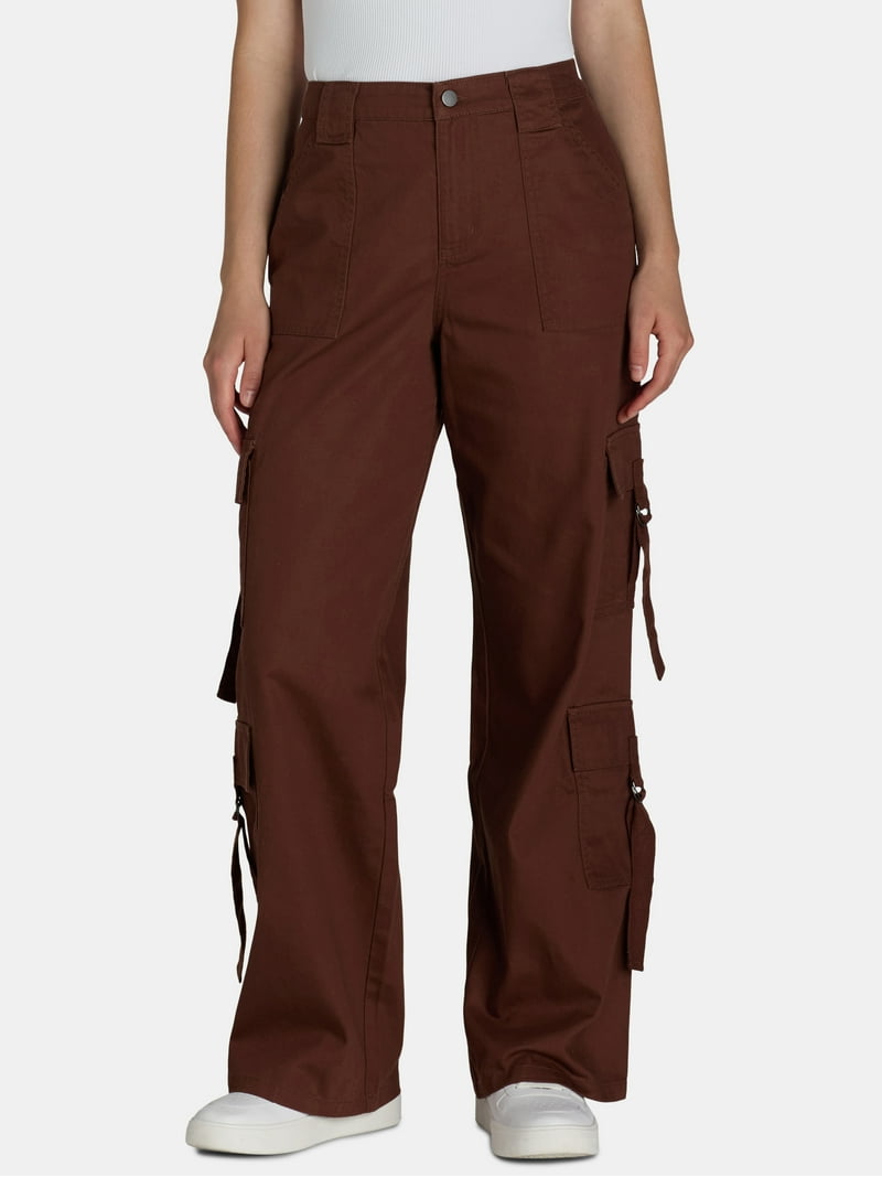 No Boundaries Women's Twill Cargo Pants, Inseam, Wide Leg