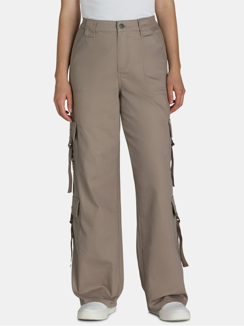 No Boundaries Women's Twill Cargo Pants, High-Rise Wide Leg, 31.75