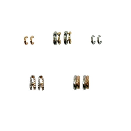 No Boundaries Two Tone Hoops Rhodium Silver and Gold Ear Candy Earrings for Female Adults and Teens, 5 Pack