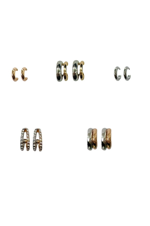 Two Tone Hoops Rhodium Silver and Gold Ear Candy Earrings for Female Adults and Teens, 5 Pack