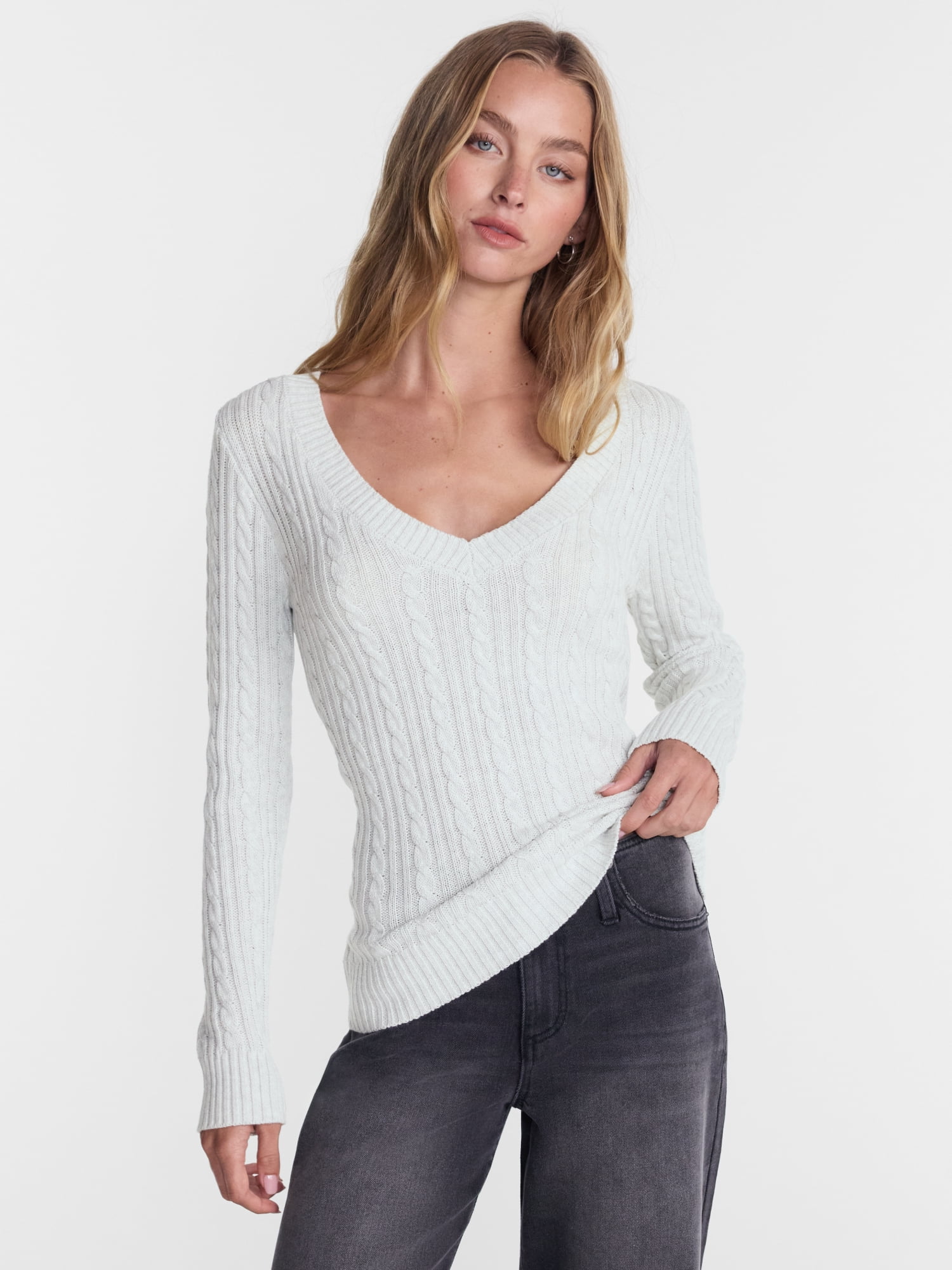 No Boundaries V Neck Cable Sweater, Women's and Women's Plus XXS-4X