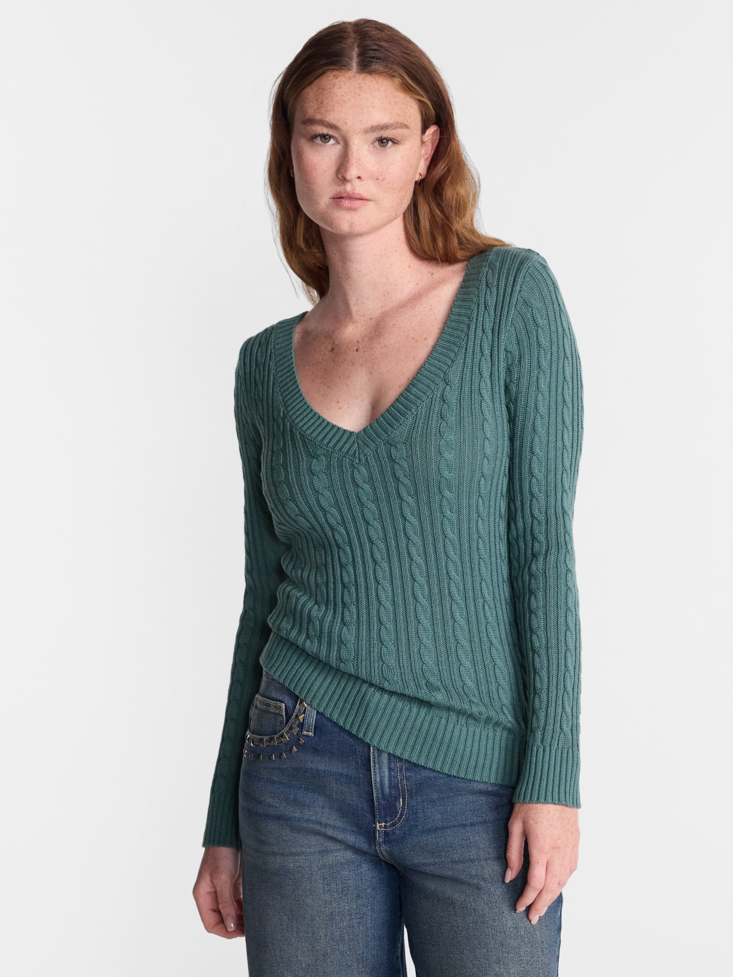 No Boundaries V Neck Cable Sweater, Women's and Women's Plus XXS-4X