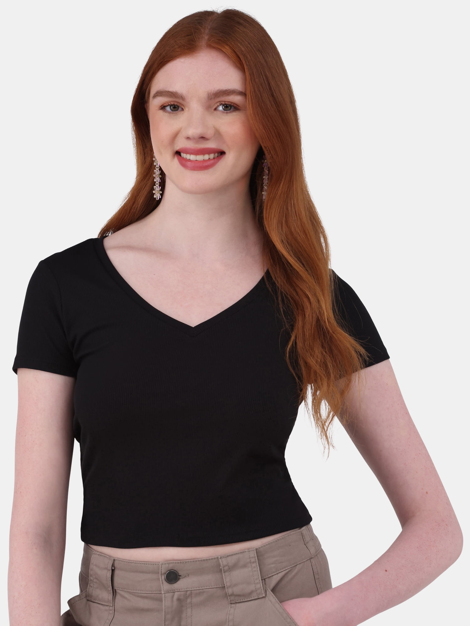 No Boundaries Women's Ribbed V-Neck Crop Tee Short Sleeve Ribbed