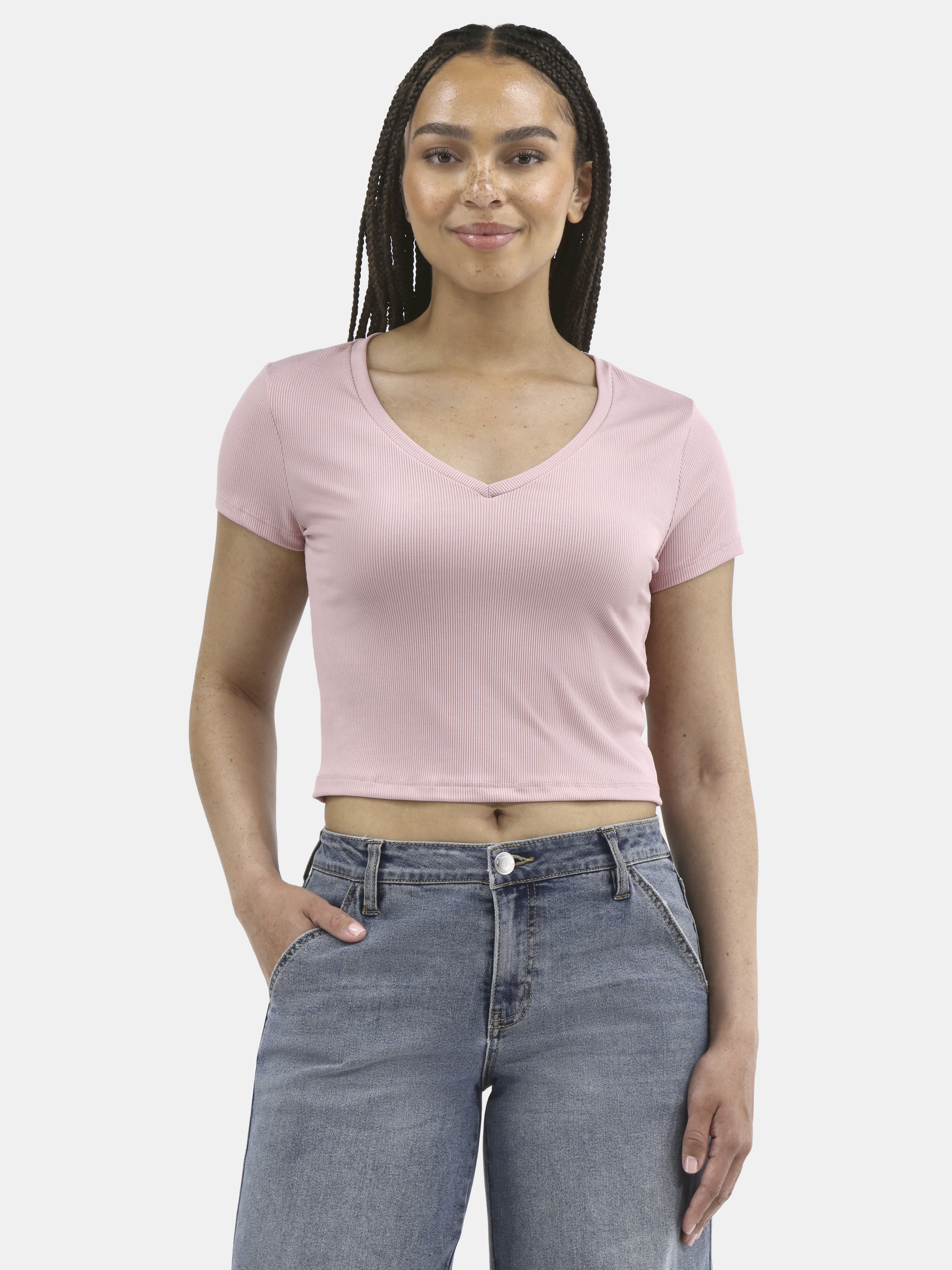 No Boundaries V-Neck Crop Rib Tee, Women's XXS-XXL