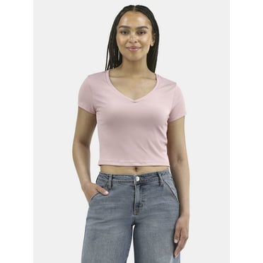 No Boundaries V-Neck Crop Rib Tee, Women's
