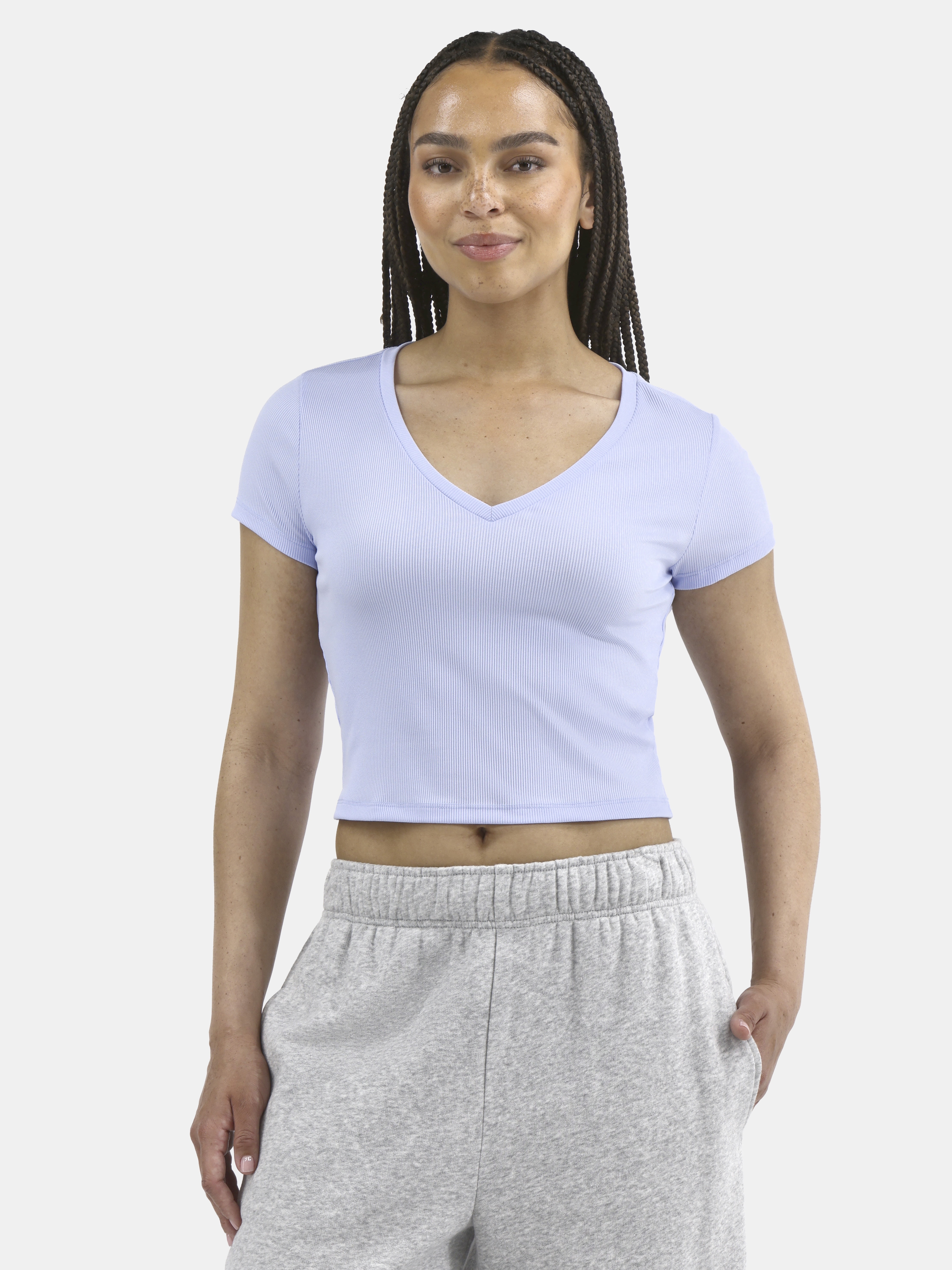 No Boundaries V-Neck Crop Rib Tee, Women's XXS-XXL
