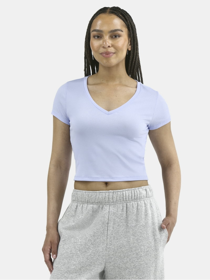 No Boundaries Women's Ribbed V-Neck Crop Tee - Top - Walmart.com