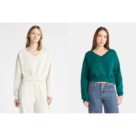 No Boundaries V-Neck Fleece Cropped Sweatshirt, Women's