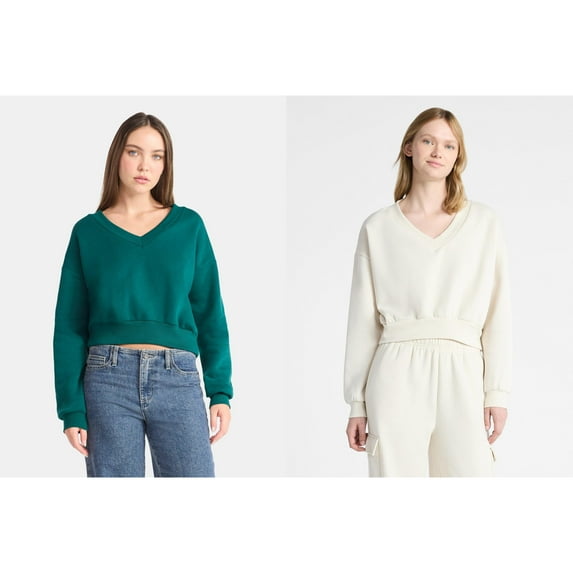 No Boundaries V-Neck Fleece Cropped Sweatshirt, Women's