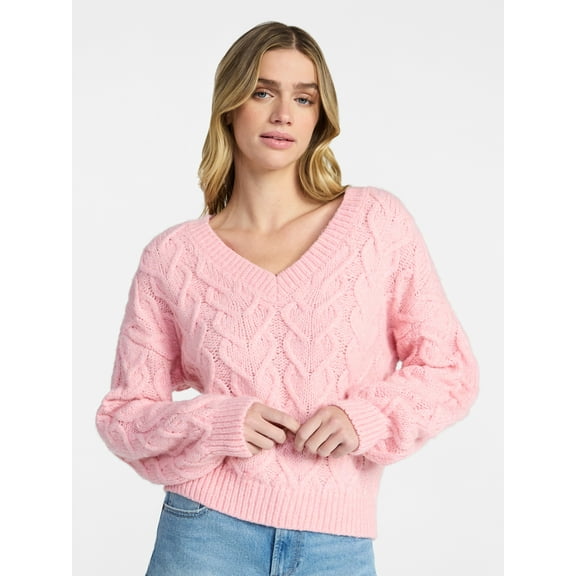 No Boundaries V-Neck Pullover Sweater, Midweight, Women's XXS-XXL