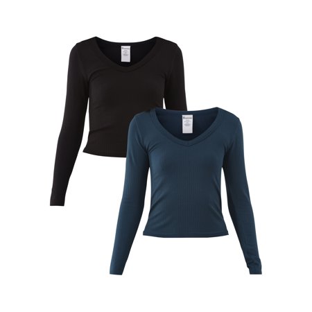 No Boundaries Seamless V-Neck Tee with Long Sleeves, 2-Pack, Women’s