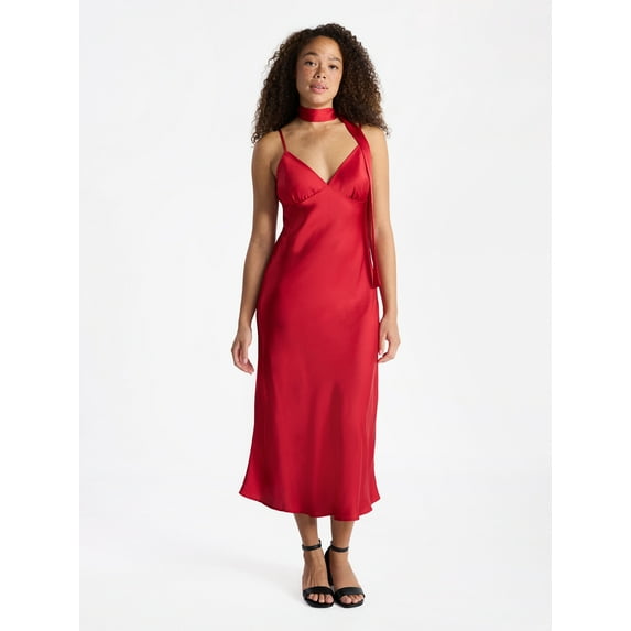 No Boundaries V-Neck Satin Maxi Dress with Scarf Set, 2-Piece, Women's