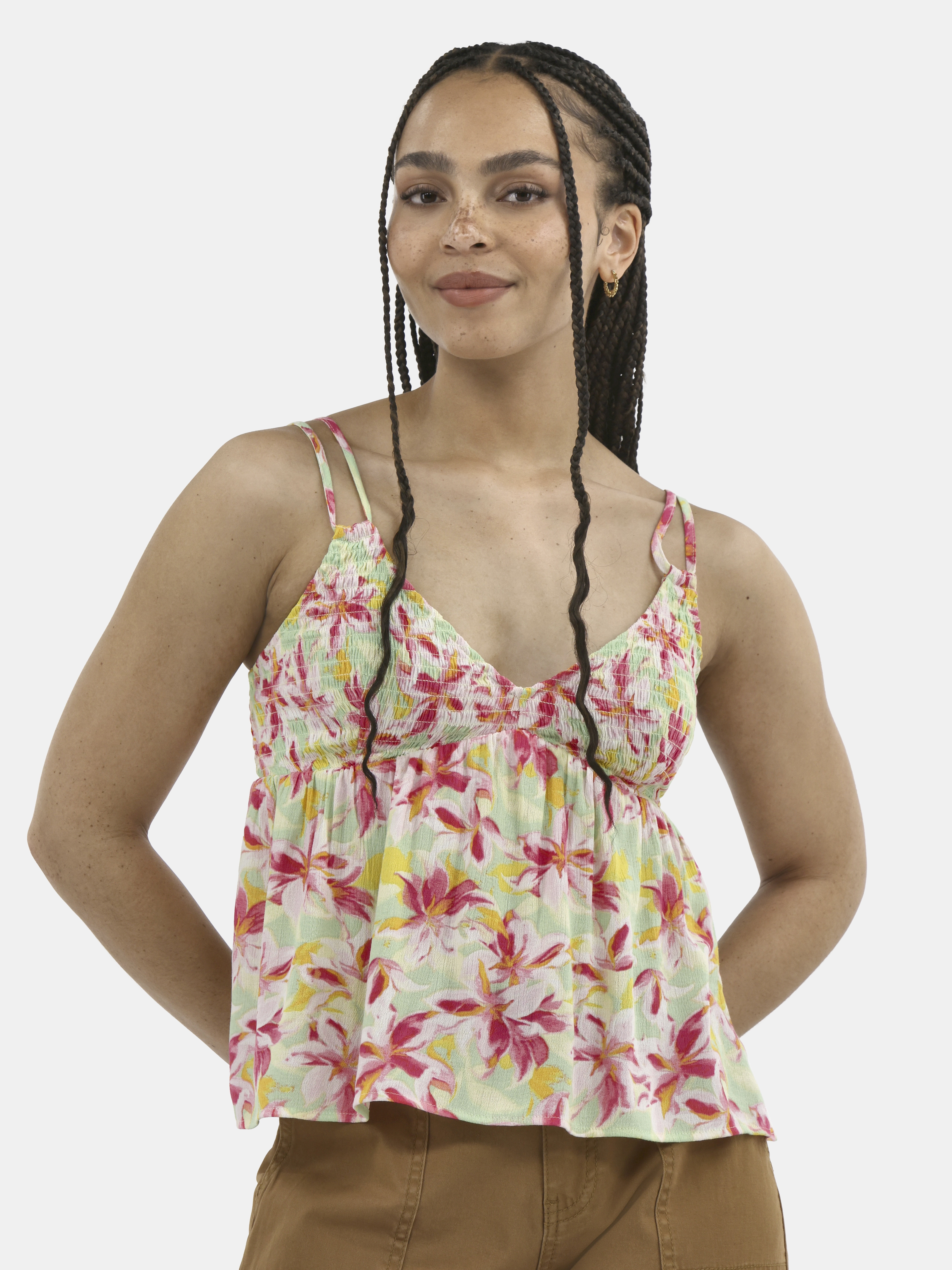 No Boundaries V-Neck Smocked Cami Tank Top, Women's