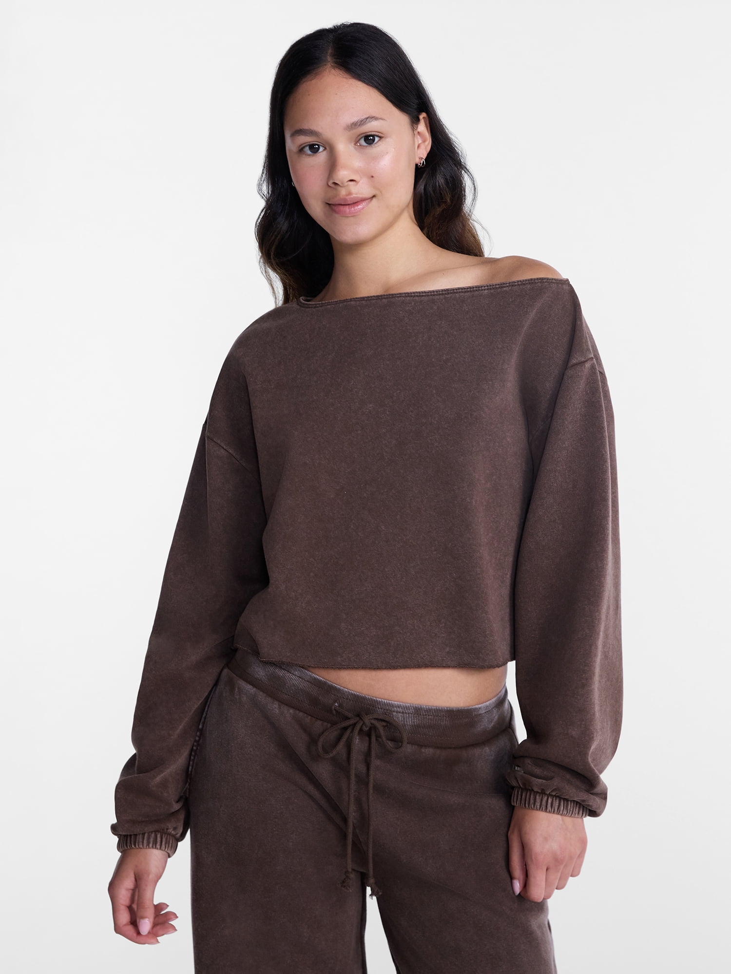 No Boundaries Mineral Wash Off the Shoulder Sweatshirt, Women's XXS-XXL