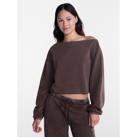 No Boundaries Mineral Wash Off the Shoulder Sweatshirt, Women's XXS-XXL
