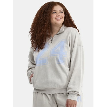 No Boundaries Washed Quarter Zip Graphic Pullover Sweatshirt, Women's Plus