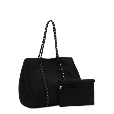No Boundaries Women's 2-Piece Neoprene Beach Tote Handbag with Removable Zipper Pouch, Black