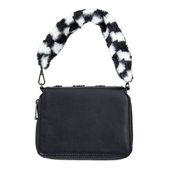 No Boundaries Women's Anika Fur Wallet Black White Checker Print
