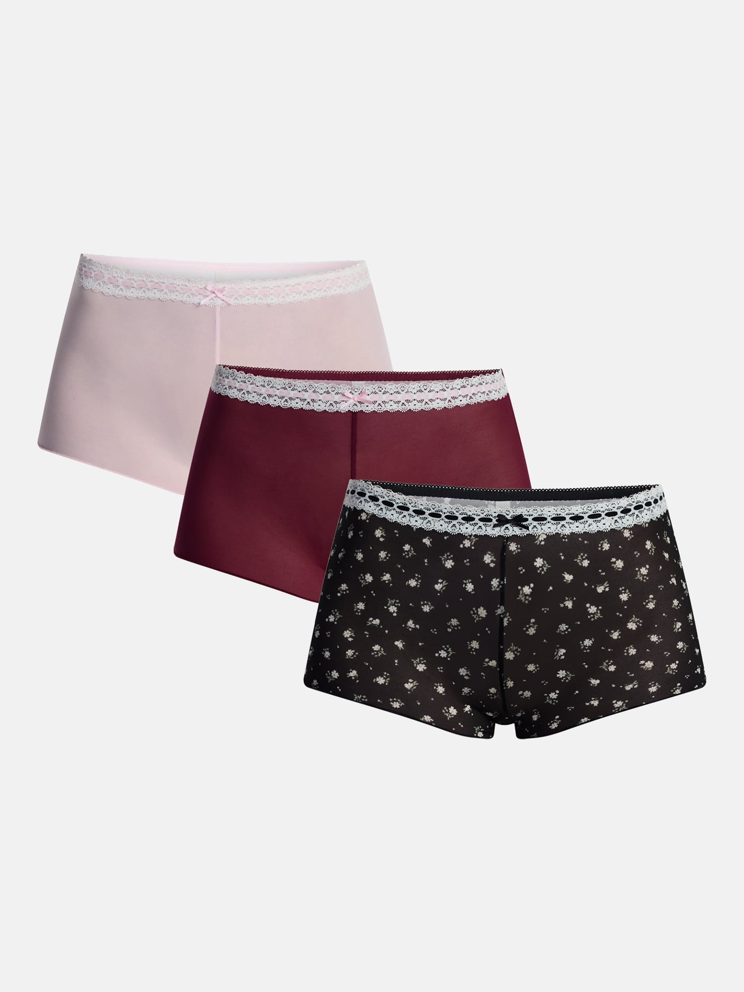 No Boundaries Beaded Lace Boyshort Panties, 3 Pack, Women's XS-XXXL