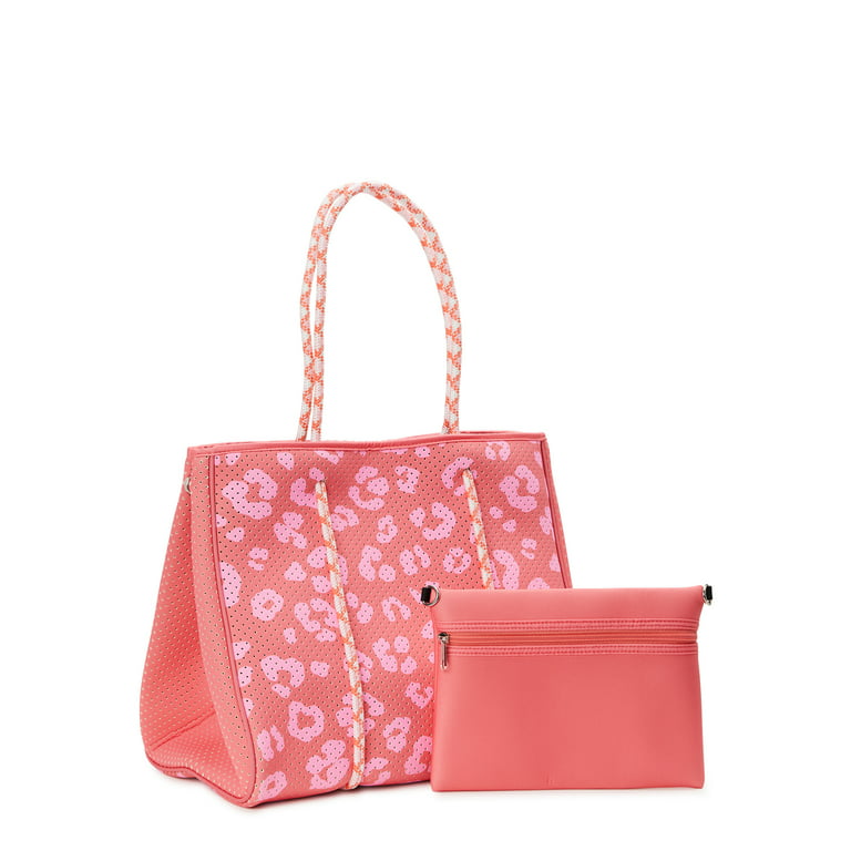No Boundaries Women's Bold Leopard Print Neoprene Beach Tote Handbag with  Removable Zipper Pouch, Pink, 2-Piece 