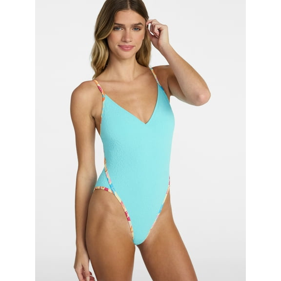 No Boundaries Bright Palms Binded One-Piece Swimsuit, Women's XXS-XXL
