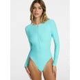 thumbnail image 1 of No Boundaries Bright Palms Cutout One-Piece Swimsuit with Long Sleeves, Women's XXS-XXL, 1 of 5