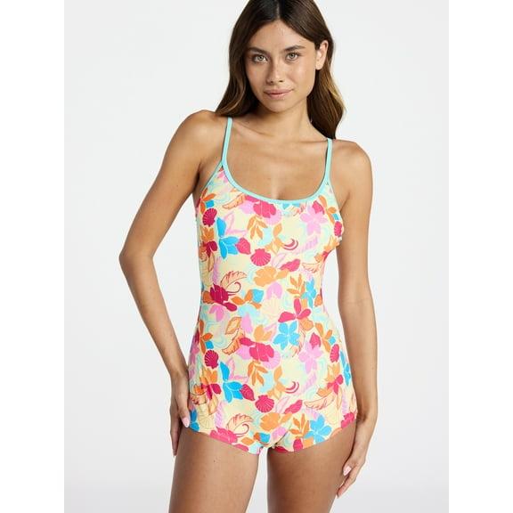 No Boundaries Bright Palms Scoop Neck Romper One-Piece Swimsuit, Women's XXS-XXL