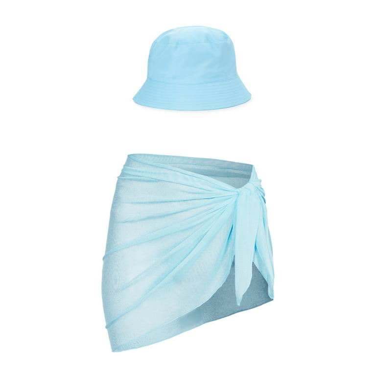 No Boundaries Women's Bucket Hat and Sarong Set, 2-Piece Light Blue 