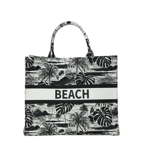 No Boundaries Women's Canvas Print Beach Tote Handbag, Black/White