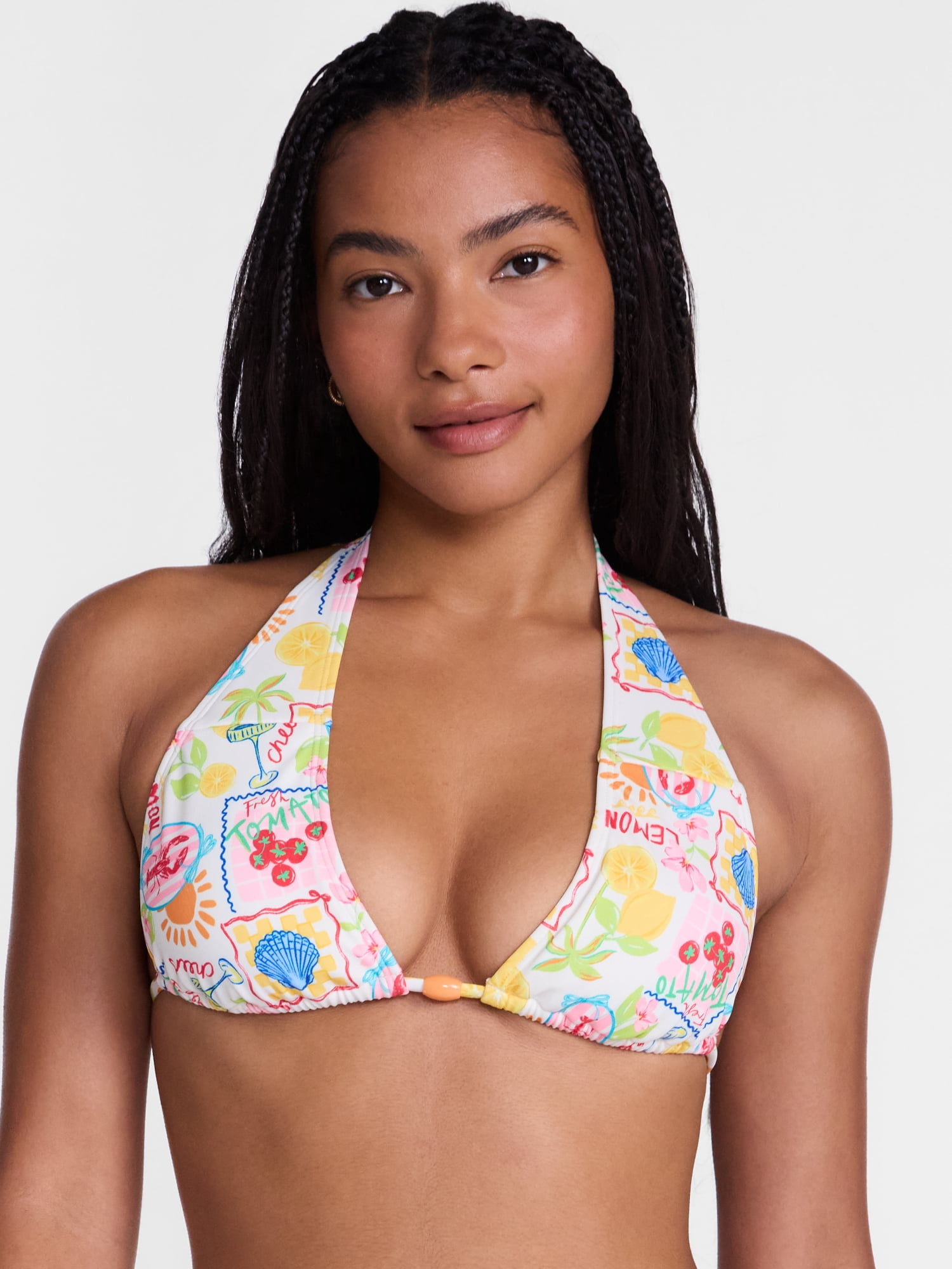 No Boundaries Multi Fruit Print Halter Bikini Swim Top, Women's XXS-XXL
