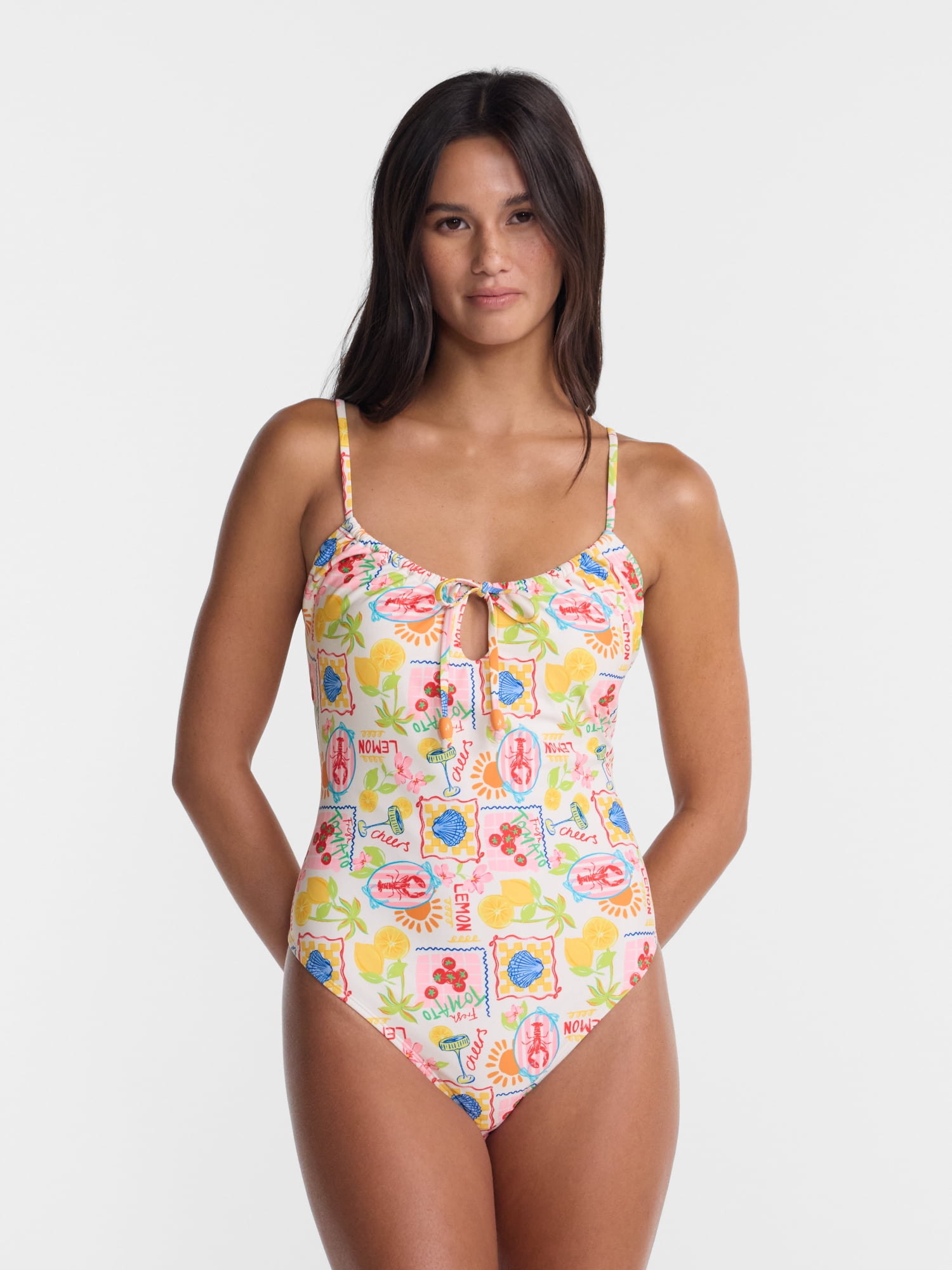 No Boundaries Tie Front Print One Piece Swimsuit, Women's XXS-XXL