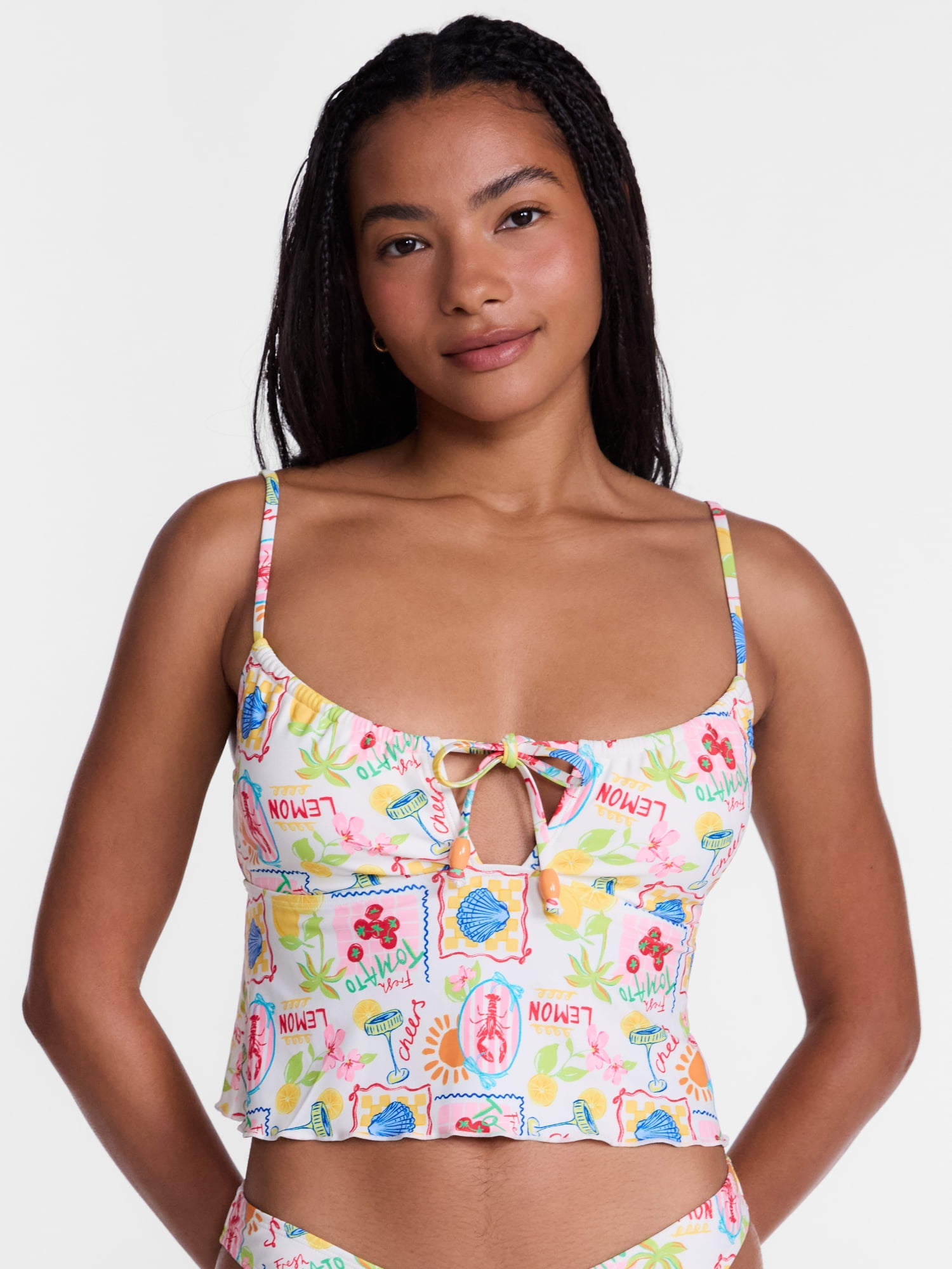No Boundaries Multi Fruit Print Ruffle Tankini Swim Top, Women's XXS-XXL