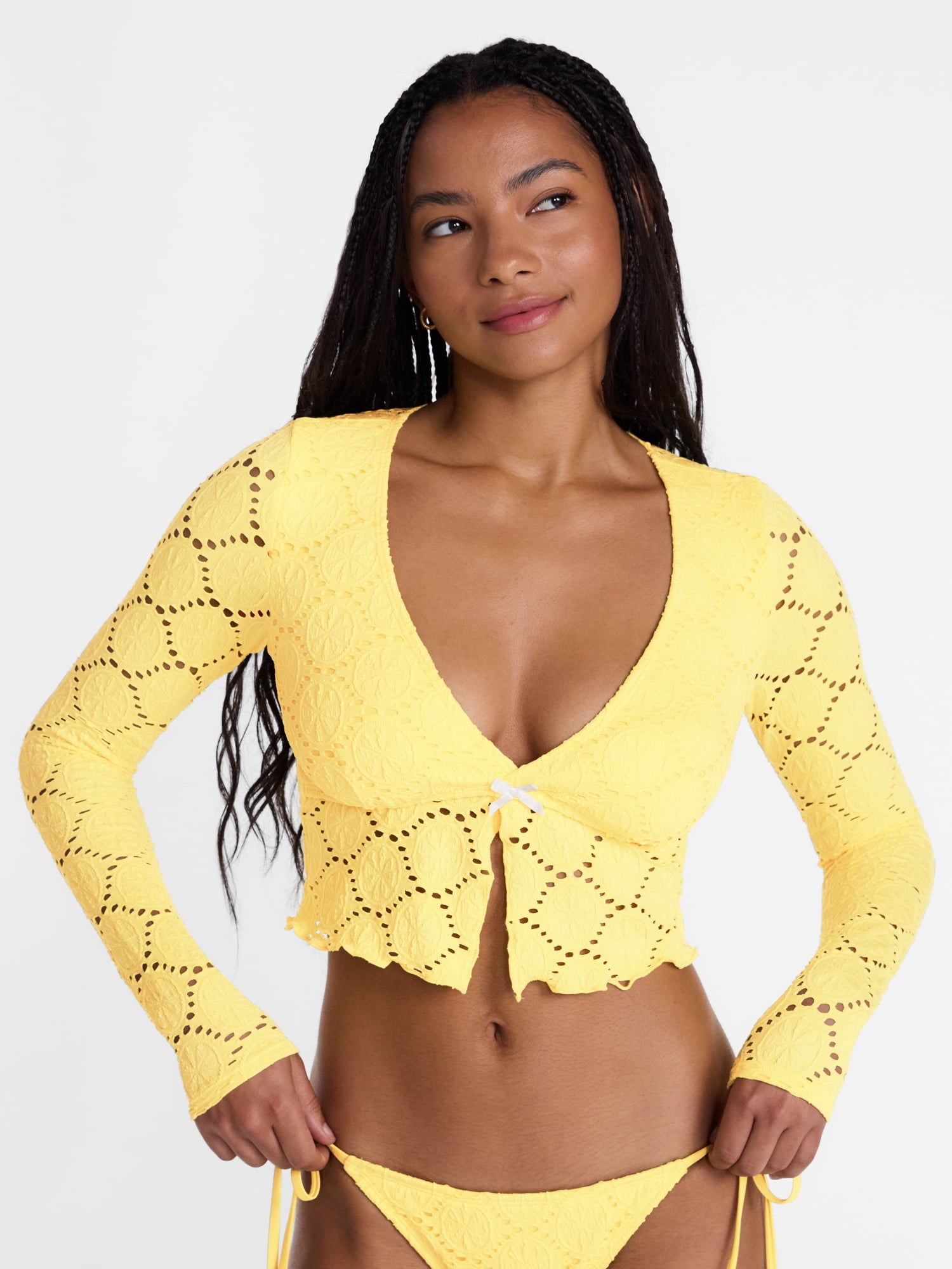 No Boundaries Lemon Eyelet Open Front Swim Rash Guard with Long Sleeves, Women's XXS-XXL