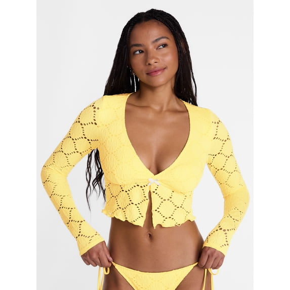 No Boundaries Lemon Eyelet Open Front Swim Rash Guard with Long Sleeves, Women's XXS-XXL