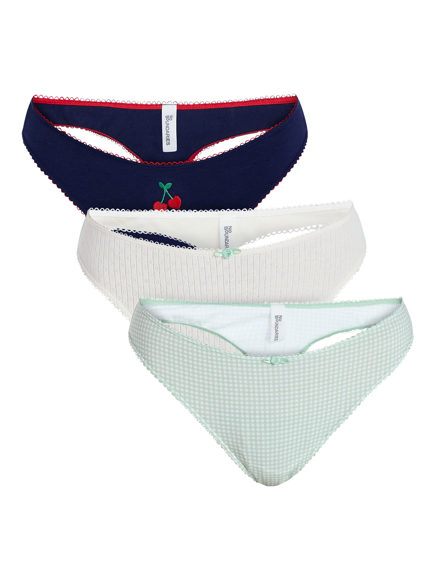 No Boundaries Cotton and Pointelle Thong Panties, 3-Pack, Women's XS-XXXL