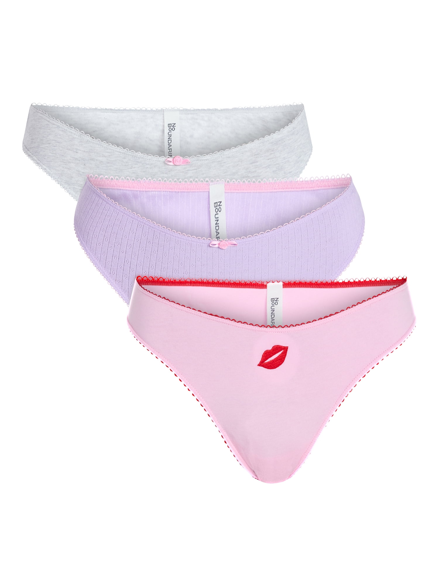 No Boundaries Cotton and Pointelle Thong Panties, 3-Pack, Women's XS-XXXL