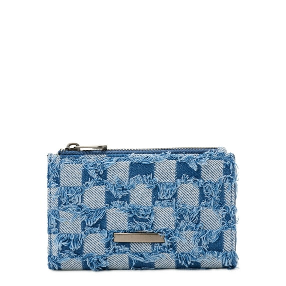 No Boundaries Women's Cotton Polyester Card Wallet with Zipper, Checkered Denim
