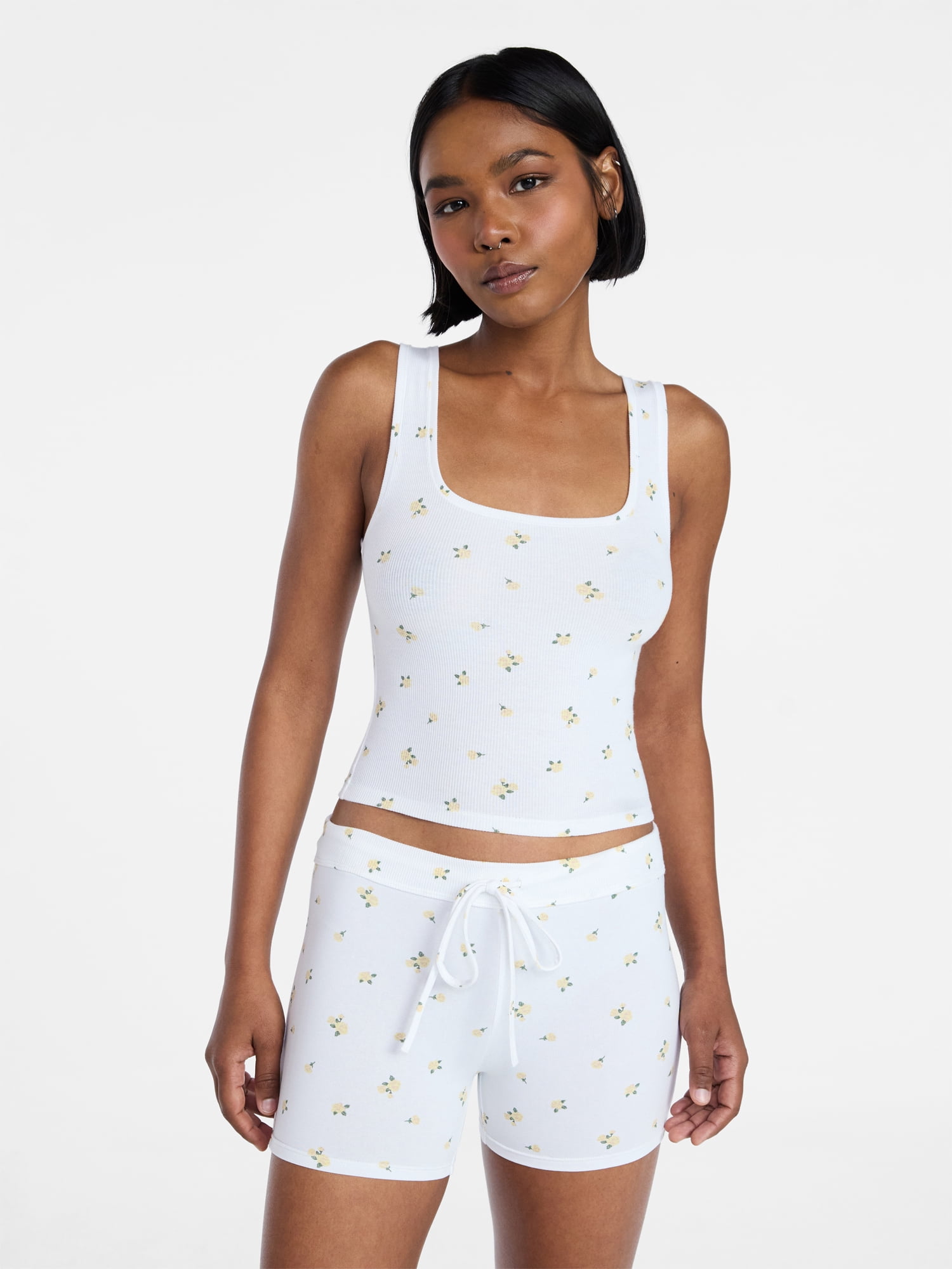 No Boundaries Cotton Stretch Ribbed Tank Top and Shorts Pajama Set, Women's XS-XXXL