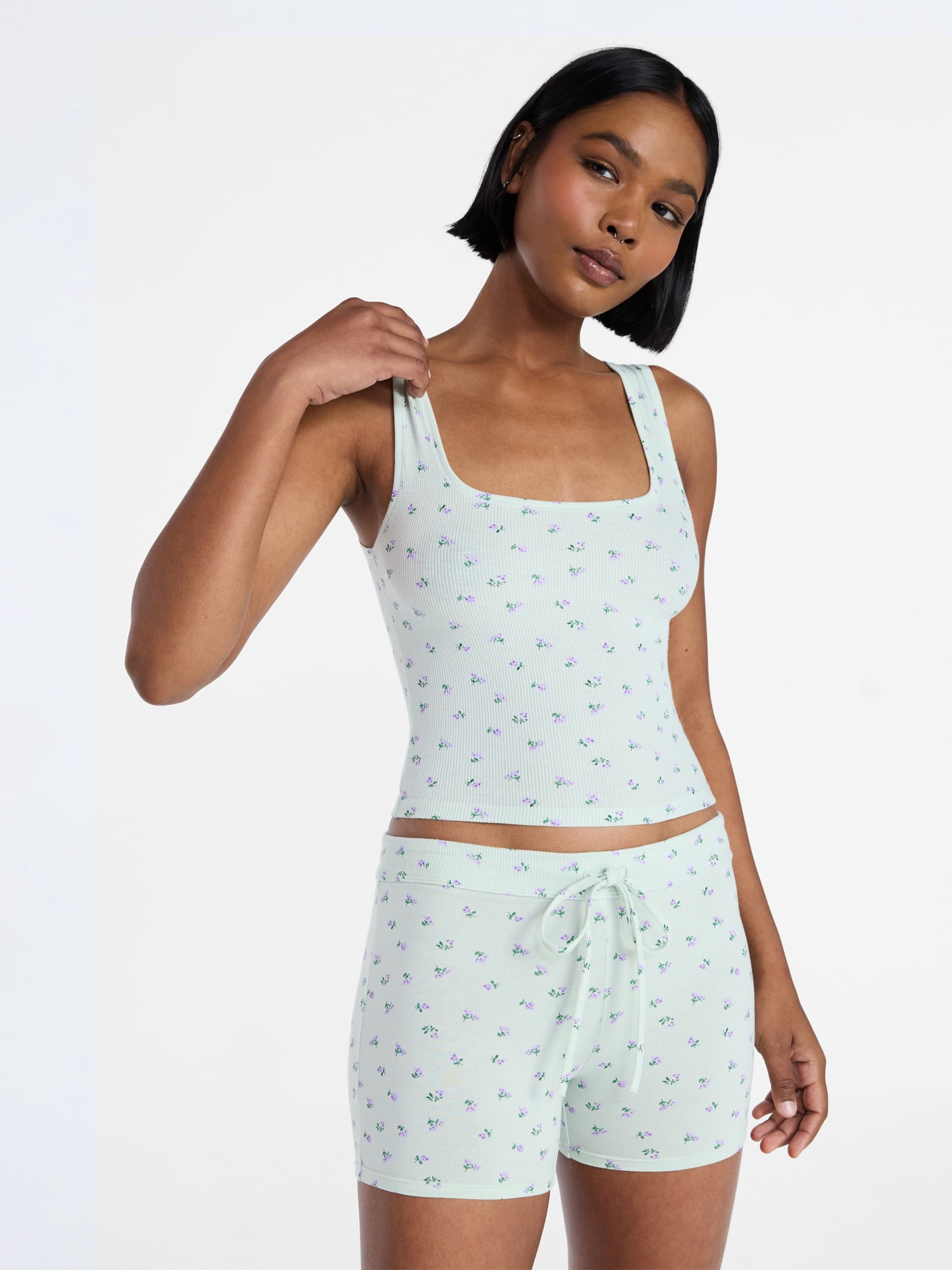No Boundaries Cotton Stretch Ribbed Tank Top and Shorts Pajama Set, Women's XS-XXXL