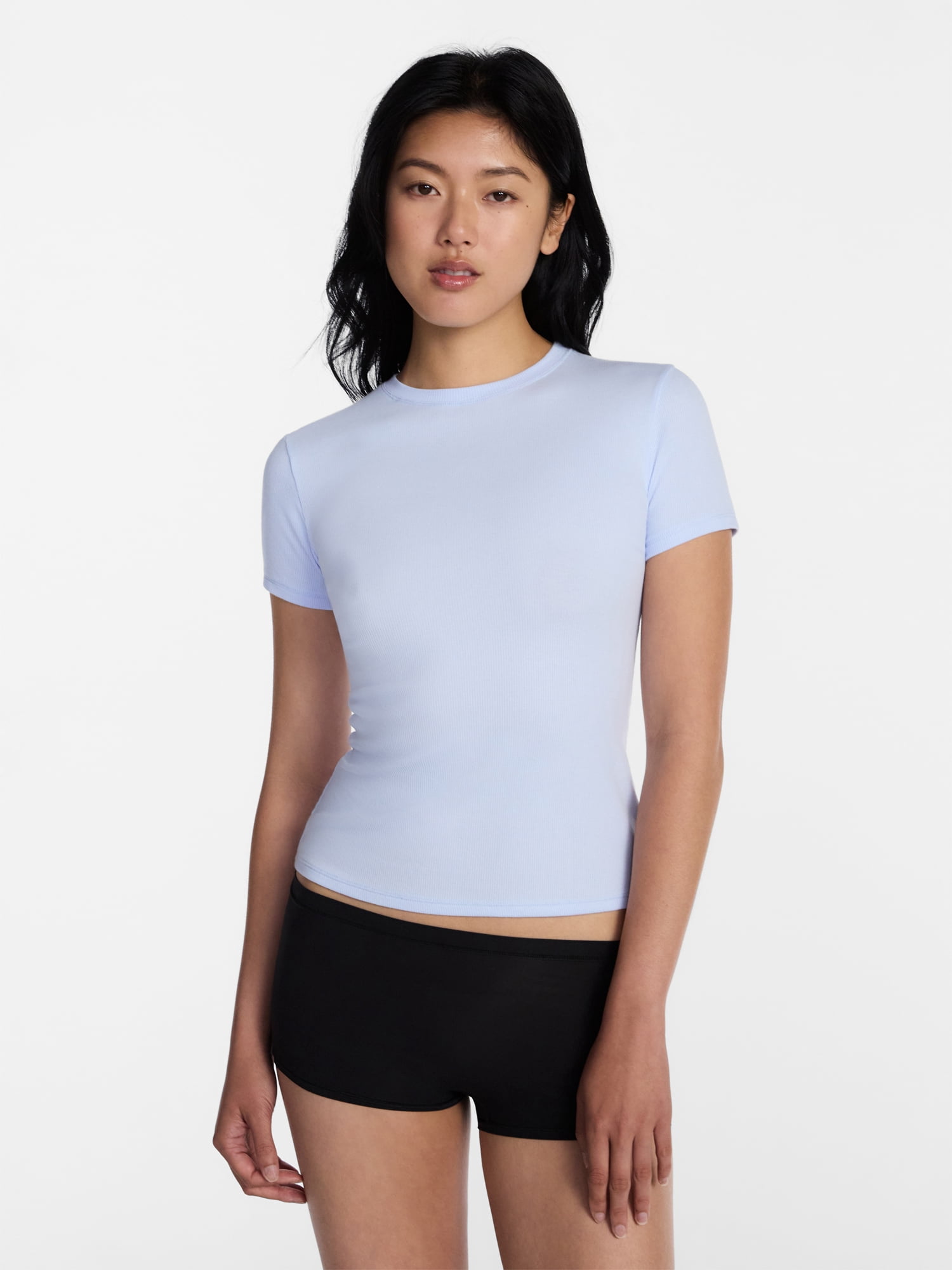No Boundaries Cotton Stretch Ribbed Tee with Short Sleeves, Women's XS-3XL