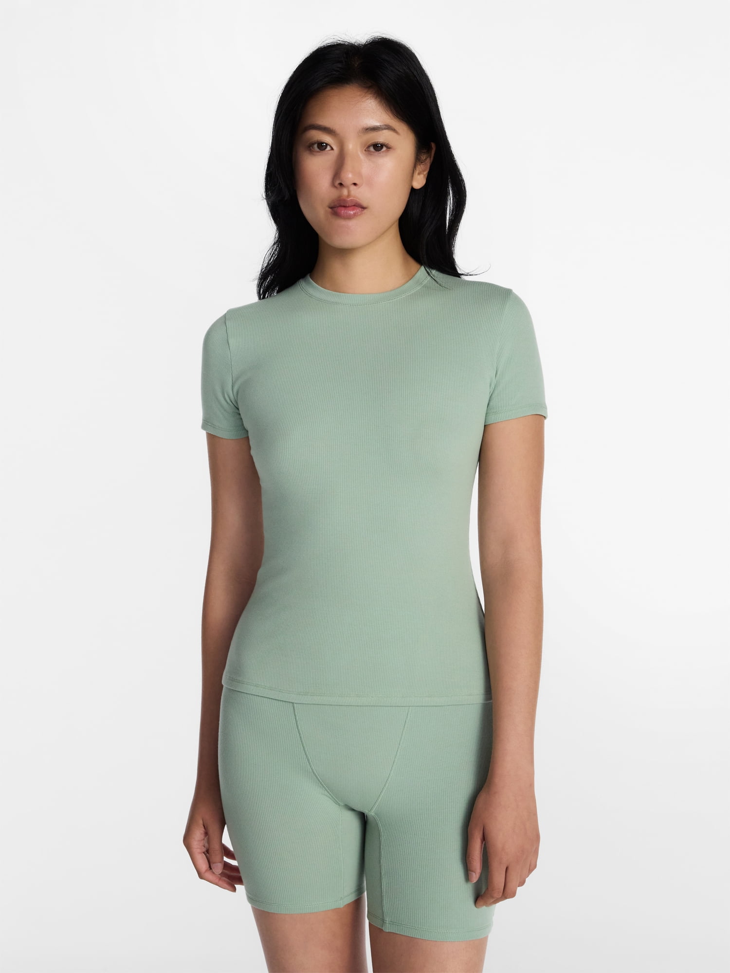No Boundaries Cotton Stretch Ribbed Tee with Short Sleeves, Women's XS-XXXL
