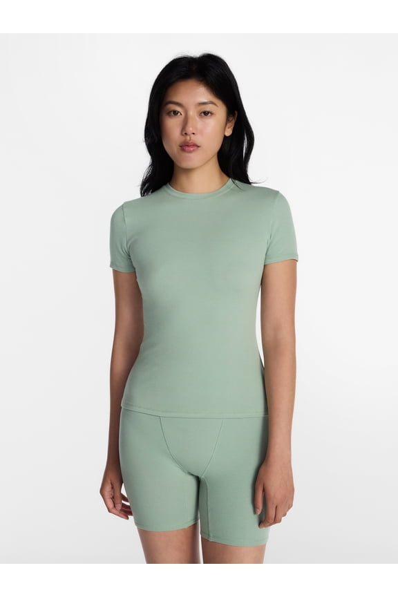 Cotton Stretch Ribbed Tee with Short Sleeves, Women's XS-XXXL
