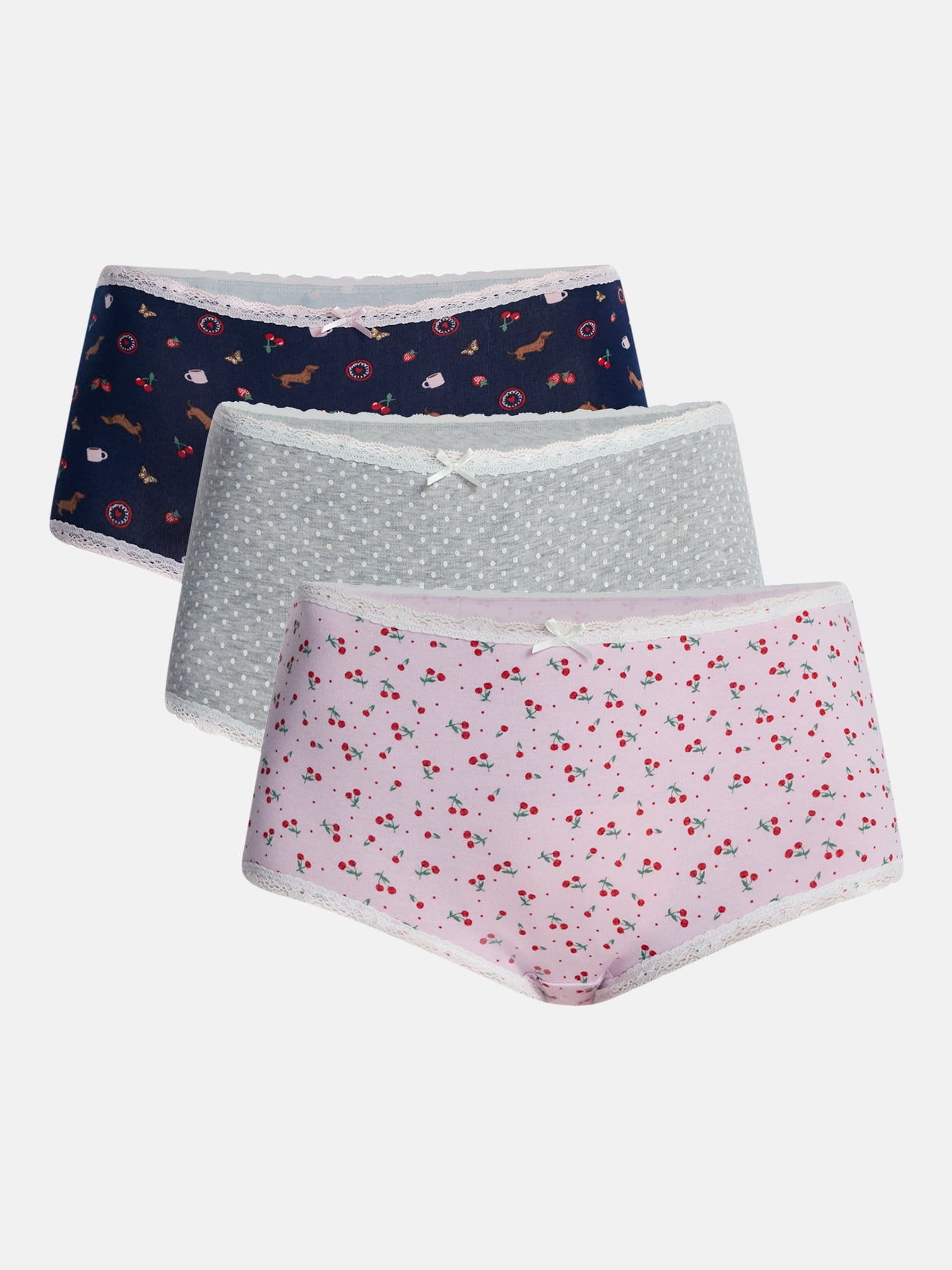 No Boundaries Women's Cotton Stretch Boy Shorts with Lace, 3-Pack, Sizes XS-XXXL